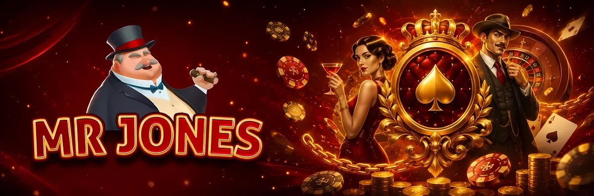 Mr Jones Casino promotions banner with the club host, roulette wheel and gold spade emblem
